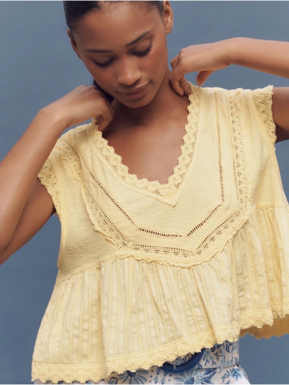 Pilcro Yellow Lace-Trim V-Neck Peplum Blouse